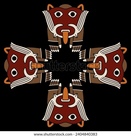 Cross shape ornament or frame with four fantastic animals. Andean ethnic motif from ancient Peru. Native American art of Nazca Indians. On black background.
