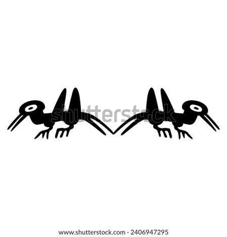 Symmetrical animal design with two stylized birds. Native American design of Nazca Indians from ancient Peru. Black and white silhouette.