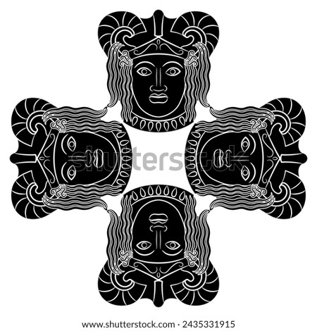 Square cross shape design with four antique masks of a deity wearing horned helmet. Black and white silhouette.