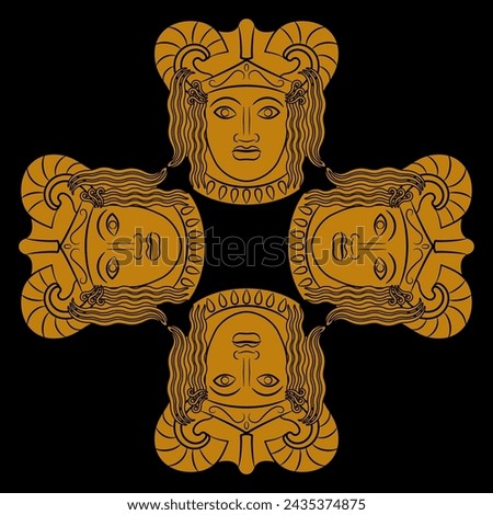 Square cross shape design with four antique masks of a deity wearing horned helmet. Black and orange silhouette.