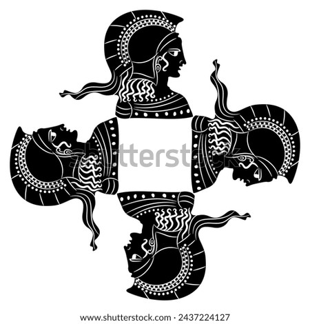 Square cross shape ornament or frame with four heads of goddess Athena or Minerva wearing helmet. Ethnic Ancient Greek vase painting style. Black and white silhouette.