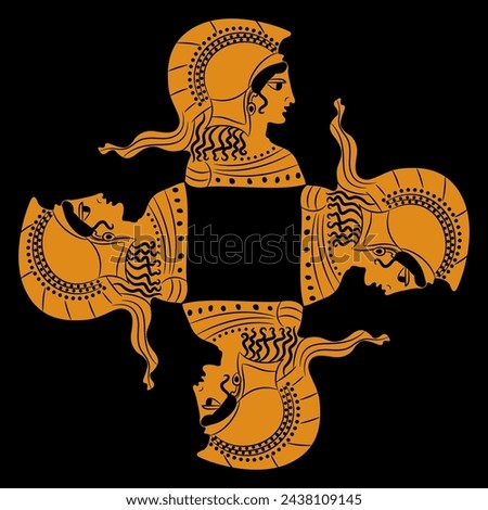 Square cross shape ornament or frame with four heads of goddess Athena or Minerva wearing helmet. Ethnic Ancient Greek vase painting style.