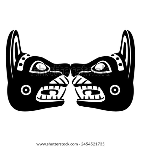 Symmetrical ethnic design with two animal heads in profile. Wari culture. Native American art of ancient Peru. Black and white silhouette.