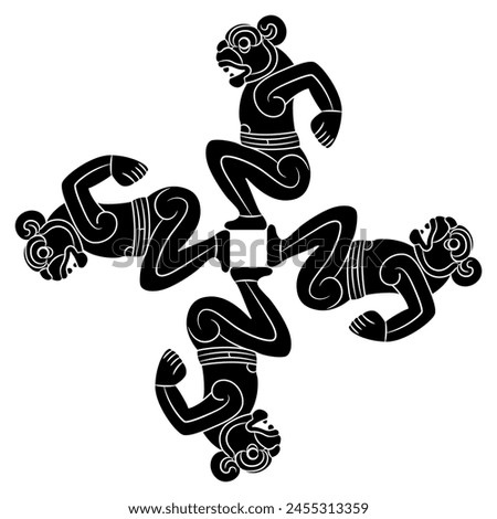 Cross shape ornament with four fantastic jaguar men. Native American ethnic animal motif of Totonac Indians from Veracruz, Mexico. Indigenous mythology. Black and white silhouette.