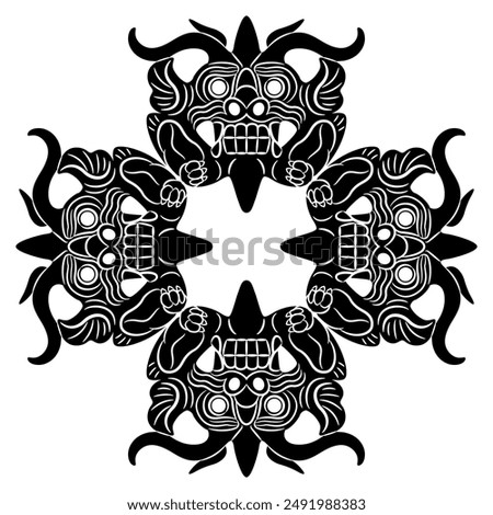 Square cross shape geometrical ornament with four Chinese dragon masks. Ethnic Tang Dynasty design from ancient China. Fantastic mythological animal. Black and white silhouette.