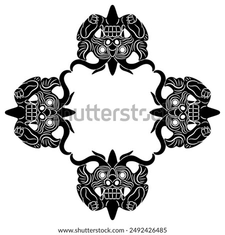 Rectangular rhombus shape geometrical frame with four Chinese dragon masks. Ethnic Tang Dynasty design from ancient China. Fantastic mythological animal. Black and white silhouette.