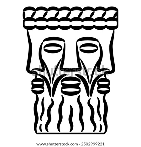 Head of Celtic god Lugh. Pagan trinity. Gaulish Deity Lugus. Three faced bearded man. Ethnic design. Black and white silhouette. 