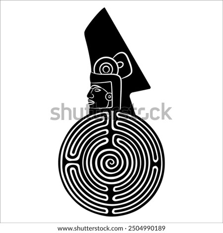 Indian Warrior in a helmet on a round spiral maze or labyrinth symbol. Stylized human head from El Tajín, Veracruz, Mexico. Mystery of ancient pre Columbian culture. Black and white silhouette.