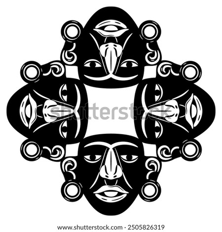 Geometrical ethnic ornament or frame with Pre-Columbian Native American human masks of Maya Indians. Indigenous art. Black and white silhouette.