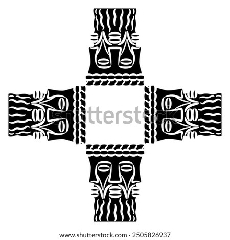 Square cross shape design or frame with four heads of Celtic god Lugh. Pagan trinity. Gaulish Deity Lugus. Three faced bearded man. Ethnic design. Black and white silhouette.