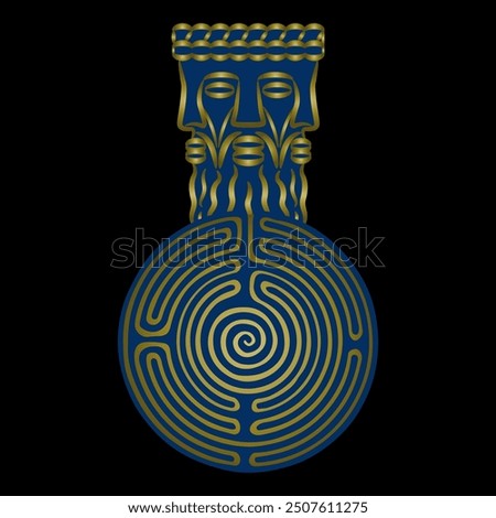 Head of Celtic god Lugh and a round spiral maze or labyrinth symbol. Pagan trinity. Gaulish Deity Lugus. Three faced bearded man. Ethnic design. 