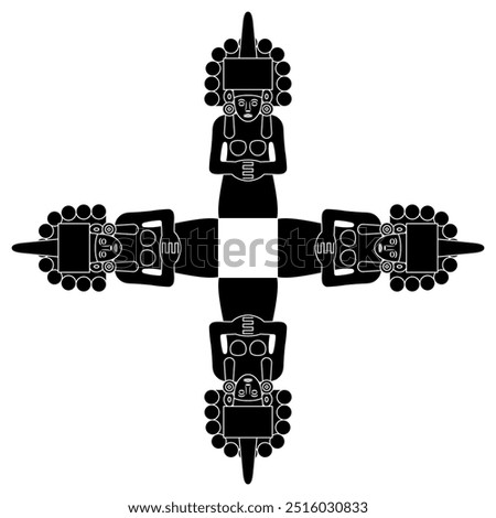 Square cross shape design or frame with four pre Columbian female figurines from Mexico.
Huastecan or Totonac goddess of maize Centeocihuatl. Black and white silhouette.