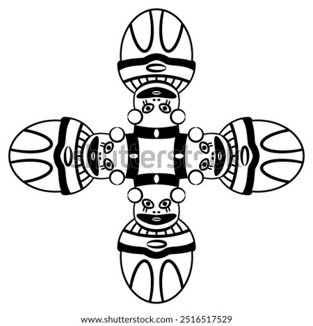 Cross shape ethnic design with four Pre Columbian egg shape figurines from ancient Peru. Chancay culture. Indigenous symbol. Black and white silhouette.