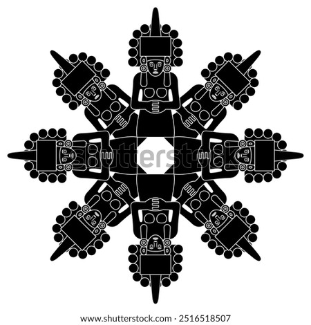 Round star shape design or frame with pre Columbian female figurines from Mexico. Huastecan or Totonac goddess of maize Centeocihuatl. Black and white silhouette.