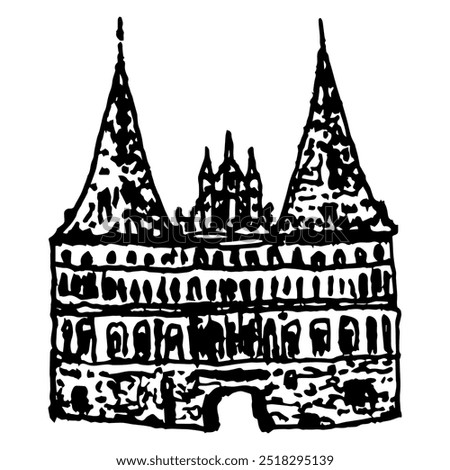 The Holsten Gate (Holstentor) in Hanseatic city of Lübeck, Germany. Brick Gothic architectural historical monument with twin towers. Hand drawn linear doodle rough sketch. Black and white silhouette.