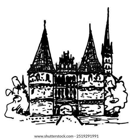 The Holsten Gate (Holstentor) in Hanseatic city of Lübeck, Germany. Brick Gothic architectural historical monument with twin towers. Hand drawn linear doodle rough sketch. Black and white silhouette.