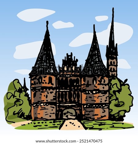 The Holsten Gate (Holstentor) in Hanseatic city of Lübeck, Germany. Brick Gothic architectural historical monument with twin towers. Hand drawn colorful illustration.