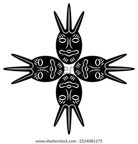 Square cross shape design with four ethnic masks. Funny faces of a fantastic mythological creature. Ancient Siberian totem. Permian animal style. Black and white silhouette.