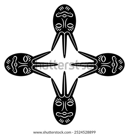 Square cross shape design with four ethnic masks. Funny faces of a fantastic mythological creature. Ancient Siberian totem. Permian animal style. Black and white silhouette.