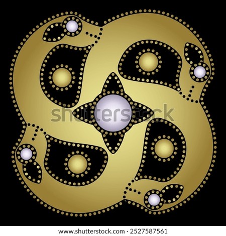 Ethnic Celtic design with four fantastic animals. Geometrical square swirl mandala with dragon or deer heads. Golden silhouette with white pearls on black background.