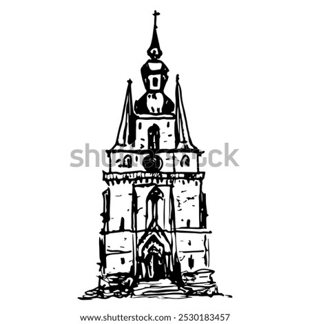 Basilica of St. Wendelin, Saarland, Germany. Gothic church in Sankt Wendel. Medieval architectural monument. Hand drawn linear doodle rough sketch. Black and white silhouette.