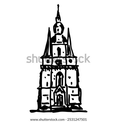 Basilica of St. Wendelin, Saarland, Germany. Gothic church in Sankt Wendel. Medieval architectural monument. Hand drawn linear doodle rough sketch. Black and white silhouette.