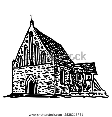 Church St Nikolai zu Bauer in Wehrland. Medieval German boulder church. Historical structure. Architectural Catholic monument. Hand drawn linear doodle rough sketch. Black and white silhouette.