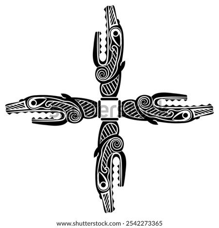 Square cross shape ornament with four heads of fantastic dragons. Ethnic Norse Viking design from ancient Norway. Black and white silhouette.