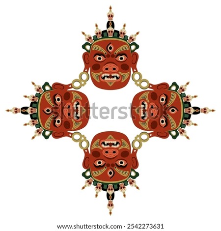 Ethnic square cross shape geometrical frame or mandala with four Tibetan Buddhist masks. Guardian deity Jamsaran or Begtse wearing crown of human skulls. Cham performance character.