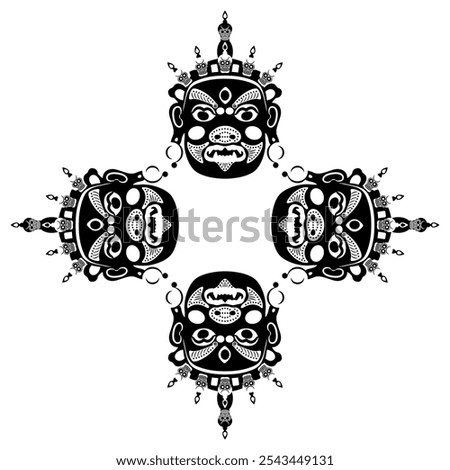 Ethnic square cross shape geometrical frame or mandala with four Tibetan Buddhist masks. Guardian deity Jamsaran or Begtse. Cham performance character. Black and white silhouette.