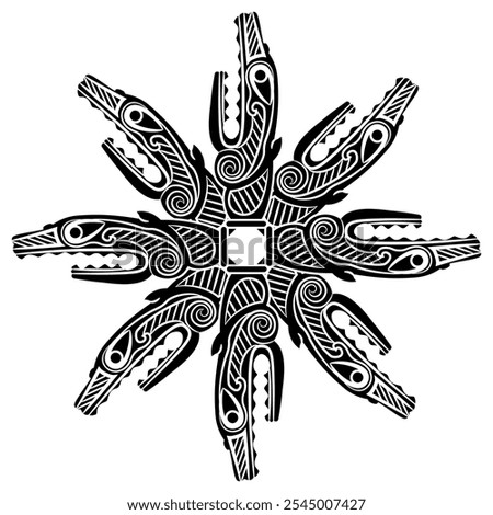 Round geometrical star shape mandala with four heads of fantastic dragons. Ethnic Norse Viking design from ancient Norway. Black and white silhouette.