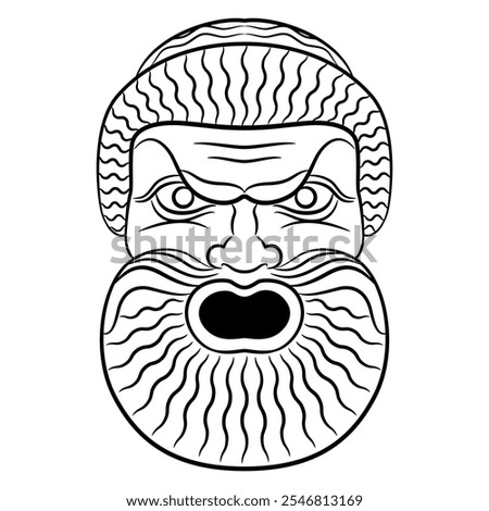 Antique theater mask of a bearded man with open mouth. Ancient Roman design. Black and white linear silhouette.