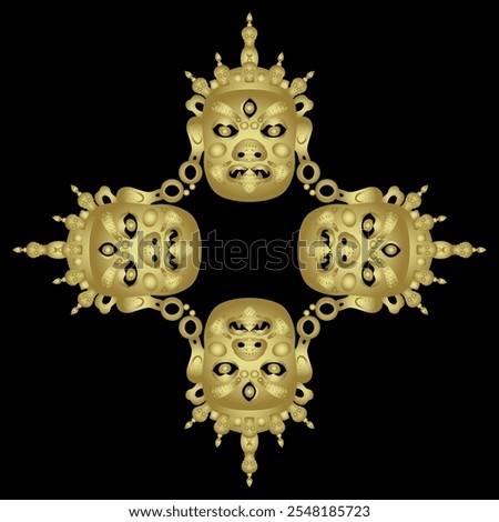 Ethnic square cross shape geometrical frame or mandala with four Tibetan Buddhist masks. Guardian deity Jamsaran or Begtse. Cham performance character. Golden glossy silhouette on black background.