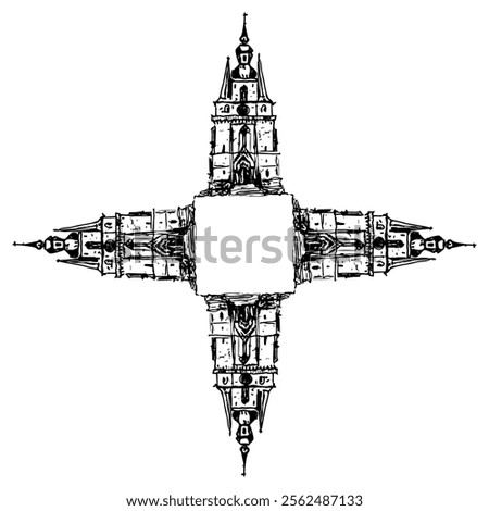 Square cross shape architectural design or frame with four Catholic Churches. Basilica of St. Wendelin, Saarland, Germany. Gothic temple in Sankt Wendel. Hand drawn sketch. Black and white silhouette.