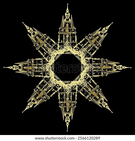 Beautiful eight point star with rays as Catholic Churches. Christmas design. Basilica of St. Wendelin, Saarland, Germany. Gothic temple in Sankt Wendel. Golden silhouette on black background.