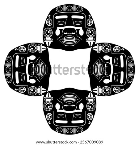 Square cross shape ethnic frame with four Olmec masks from Teotihuacan. Ancient Native American Pre Columbian Mexican art. Black and white silhouette.