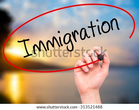 Man Hand writing Immigration with black marker on visual screen. Isolated on nature. Business, technology, internet concept. Stock Photo