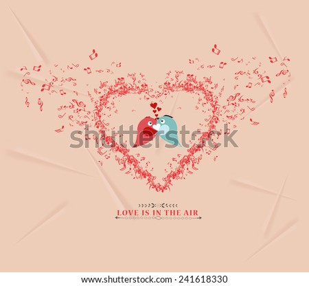 Valentines day music elementsand couple bird greeting card