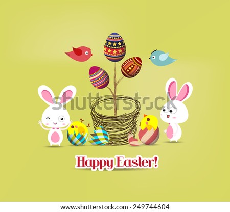 easter eggs tree bunny and birds