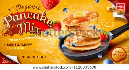 Delicious fluffy pancake in frying pan, fresh fruit and honey toppings in 3d illustration, food ad banner or poster