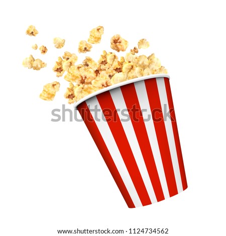 Striped box container with delicious popcorn in 3d illustration on white background