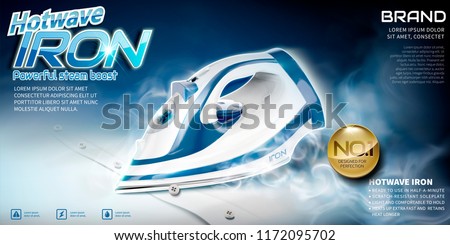 Steam iron advertisement, ironing shirt with high temperature in 3d illustration