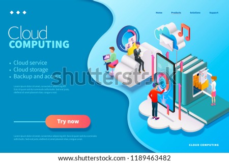 3d isometric cloud computing webpage design, people using could service uploading data