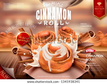 Cinnamon roll ads with condensed milk and rou gui herbs on bokeh background in 3d illustration