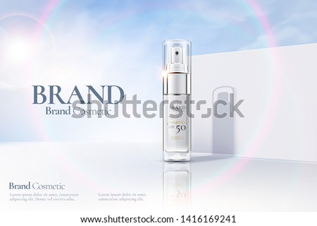 Cosmetic spray bottle ads on white clear wall background with sunbeam in 3d illustration
