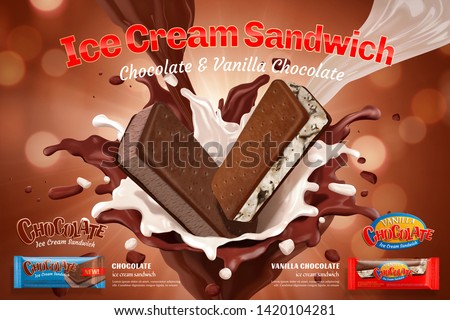 Vanilla chocolate ice cream ads with splashing sauce on glittering background in 3d illustration