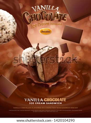 Vanilla chocolate ice cream ads with pouring sauce on bokeh glittering background in 3d illustration