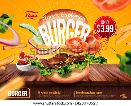 Delicious hamburger ads with ingredients flying in the air on yellow background in 3d illustration