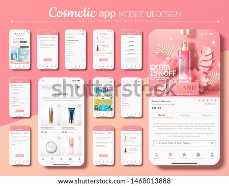 Cosmetic shopping app mobile UI design in pink and white tone, 3d illustration