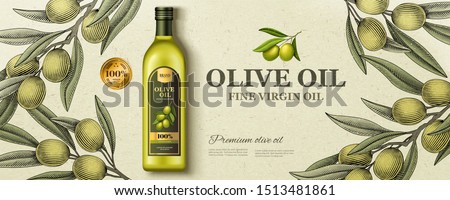 Flat lay olive oil ads with woodcut style olive branch in 3d illustration